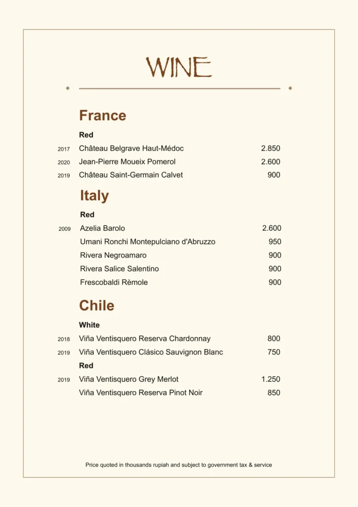 BEVERAGES MENU CLOUD LOUNGE