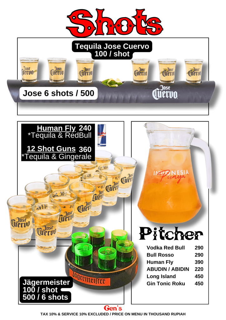 Gen's Bar Menu - Shots & Pitcher