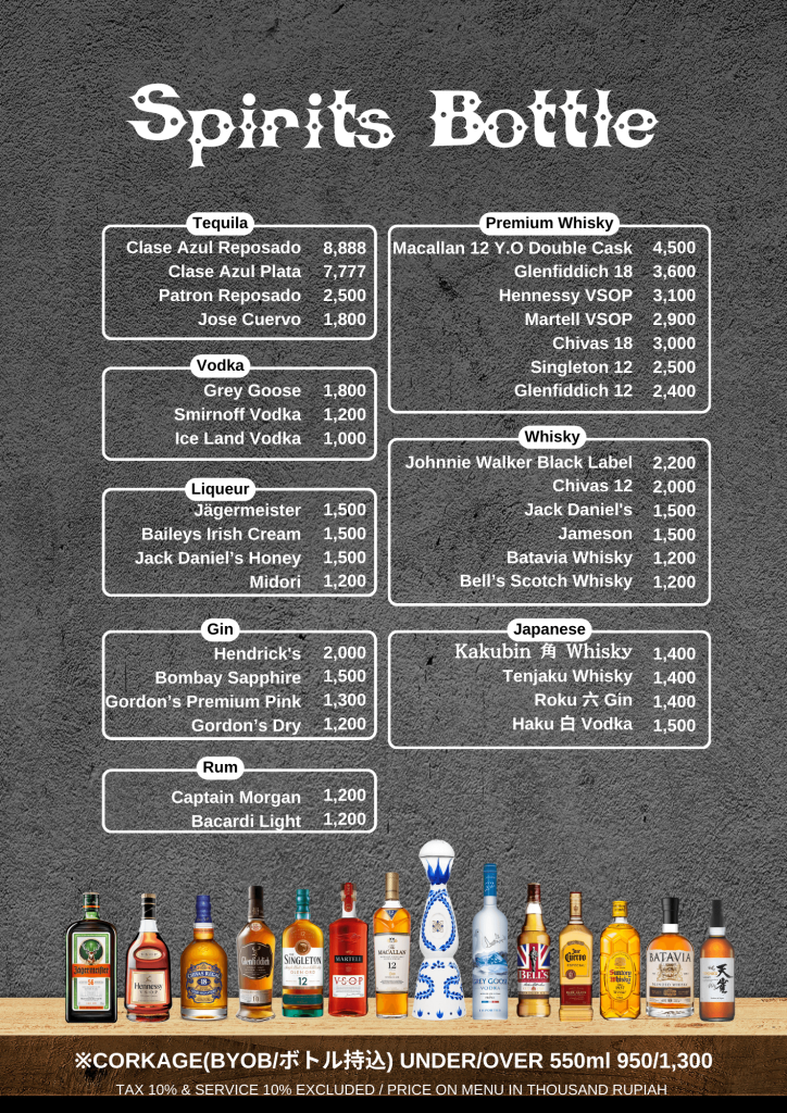 Gen's Bar Menu - Spirits Bottle
