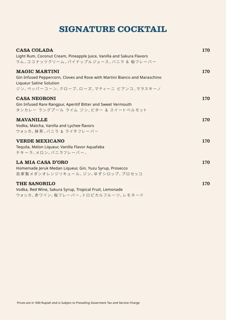 Casa Cuomo Jakarta Menu