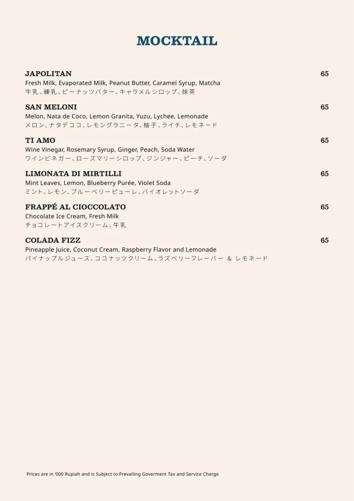 Casa Cuomo Jakarta Menu