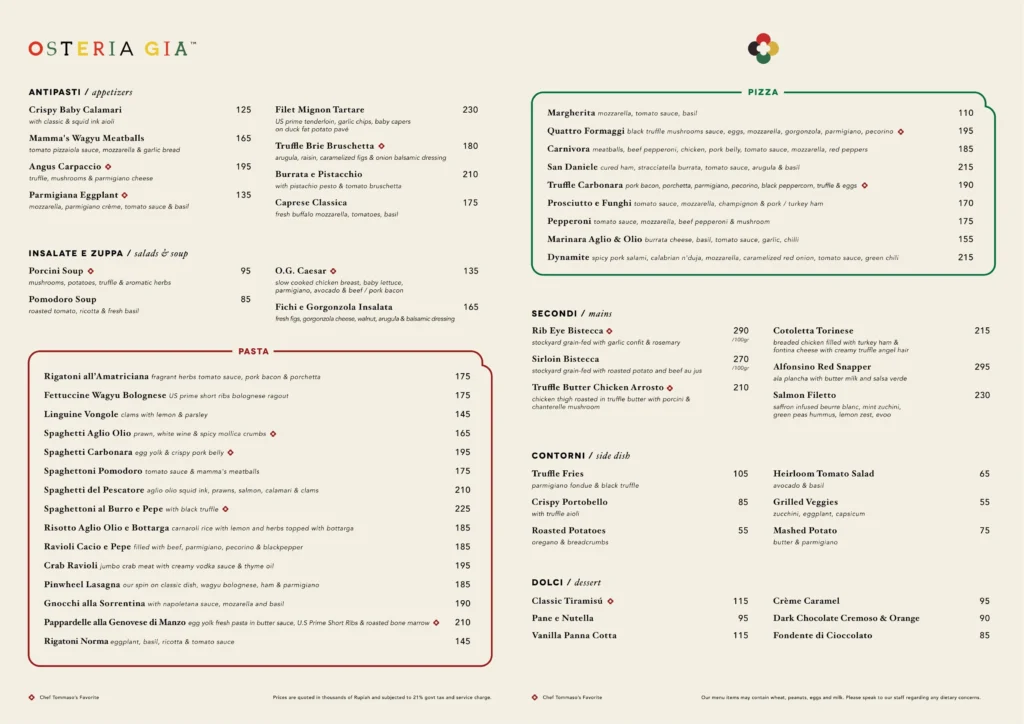 Osteria Gia Pacific Place Menu