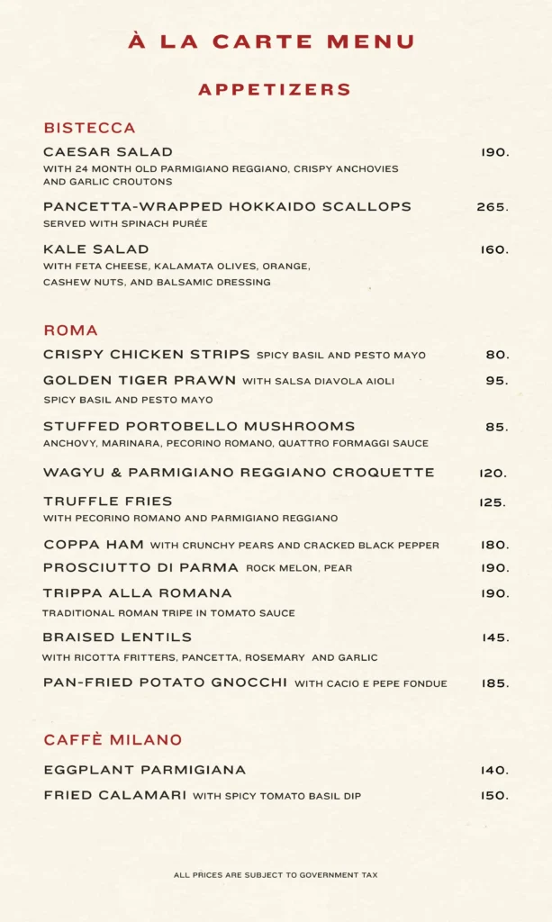 Roma Osteria Menu