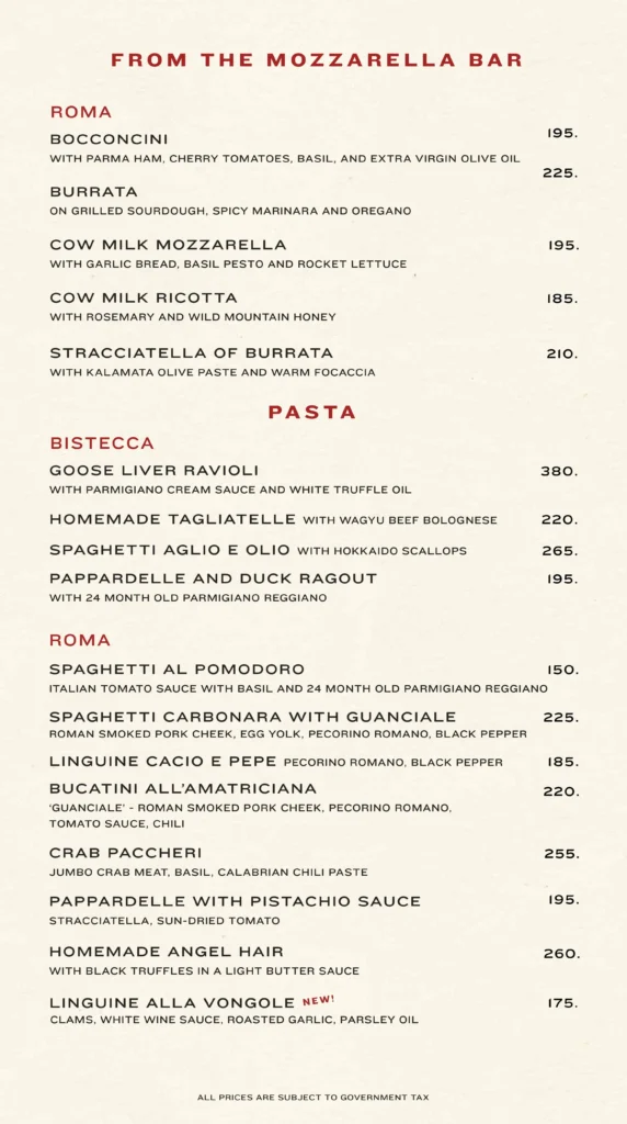 Roma Osteria Menu