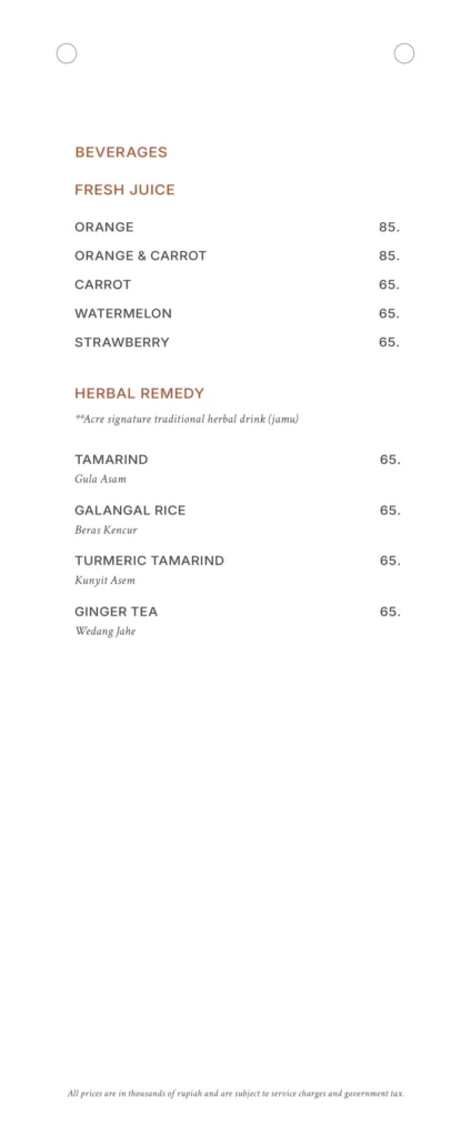 The Acre Jakarta Menu
