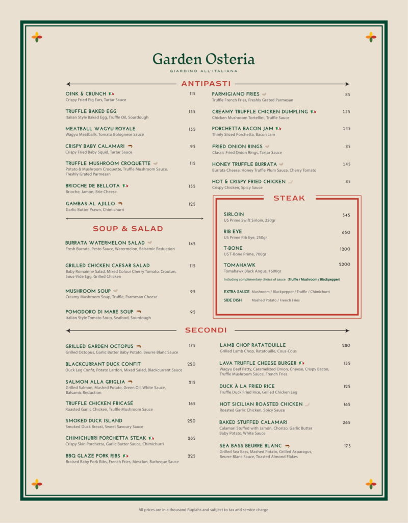 The Garden Osteria Menu
