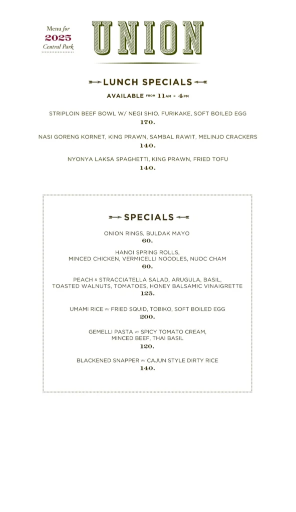Union Central Park Menu