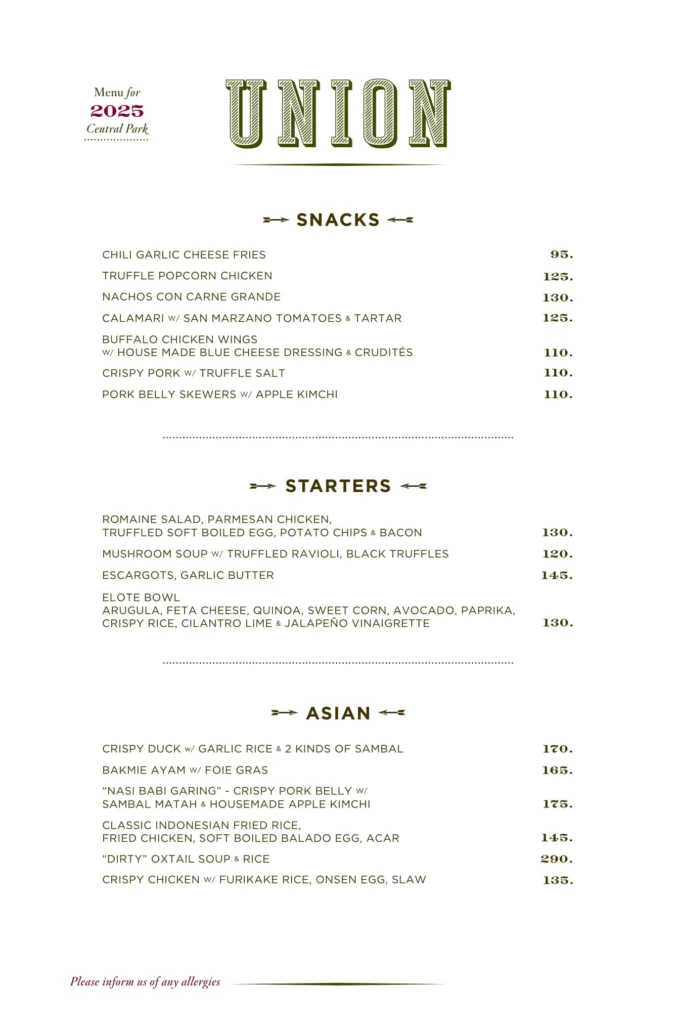Union Central Park Menu