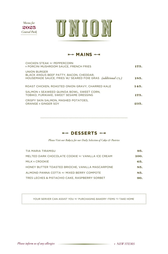 Union Central Park Menu