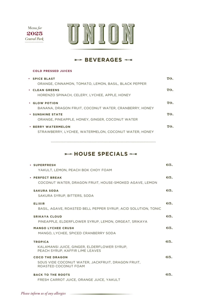 Union Central Park Menu
