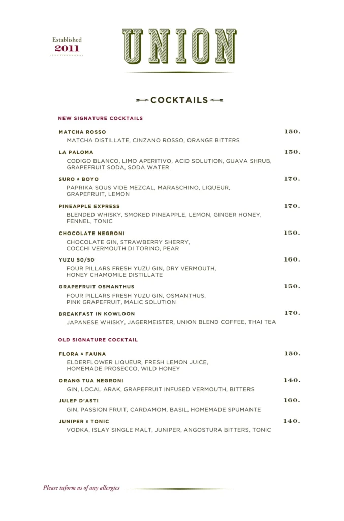 Union Central Park Menu