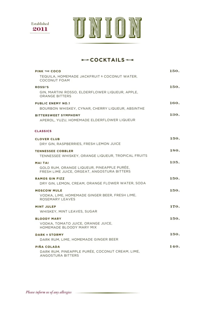Union Central Park Menu