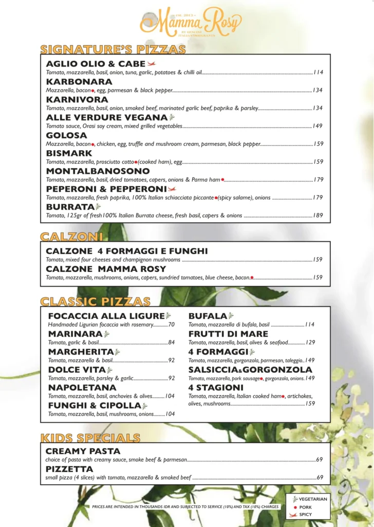 Mamma Rosy Kemang Menu