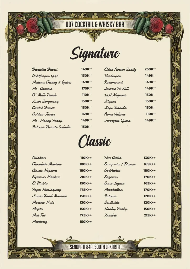 007 bar senopati menu