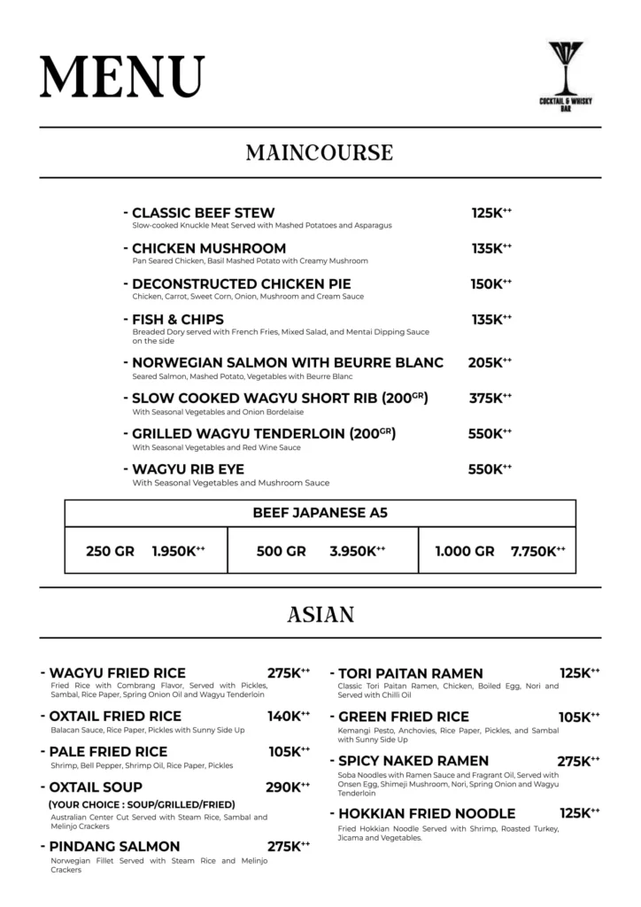 007 bar senopati menu