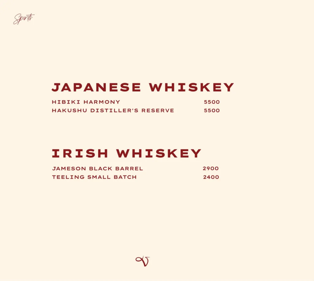 Velvet Social Club Jakarta Menu