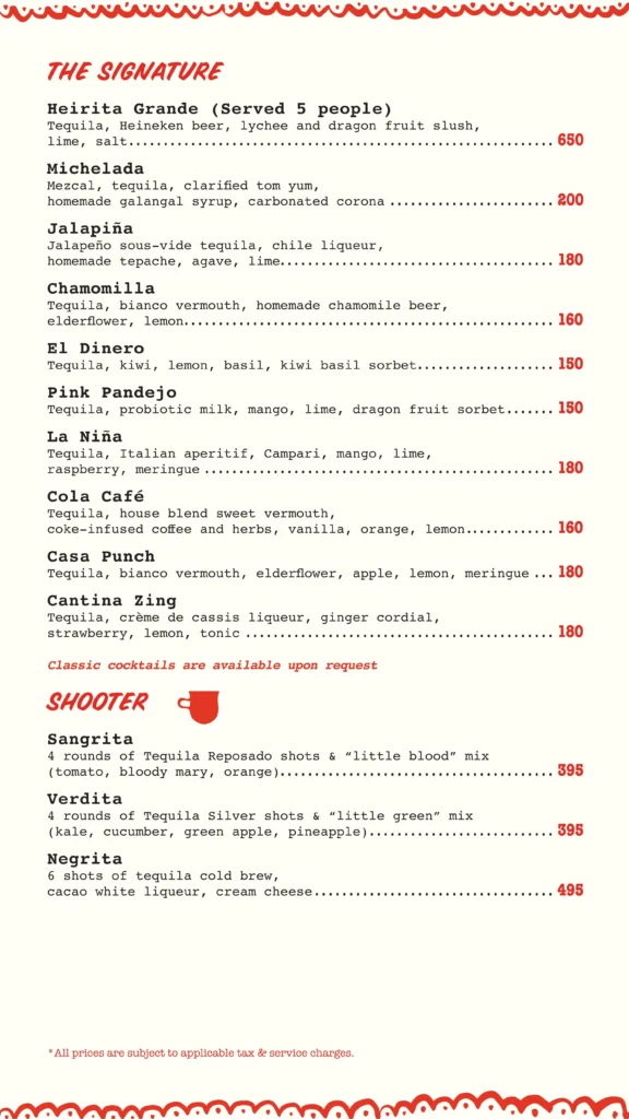 Cantinero Bar Menu